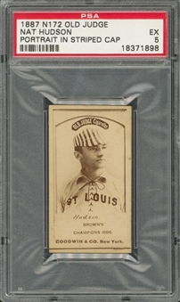 1887 N172 Old Judge Cigarettes Nat Hudson, Portrait in Striped Cap ("Browns Champions") – PSA EX 5